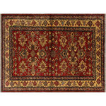 Bareens Designer Rugs - Bohemian Super Kazak Carroll Red/Gold Wool Rug - 4'1'' x 5'5'' - Embellish your home with this exquisitely hand-knotted Kazak Rug made with the finest hand spun wool and all vegetable dyes. Demonstrating incredible attention to detail, this hand-knotted masterpiece features an intricate Kazak pattern in a classic color palette. Made in the Caucasian designs from Russia and the northern Persian empire, each Kazak incorporates distinctive tribal flavor with elements such as the stepped hooted polygons, geometrical medallions, animals and rosettes. The straight, clean lines and bold tones embody the weaving style of the Armenian and Afghani weavers known for these iconic designs. This magnificent rug featuring soft luscious pile and is made with handspun wool and natural dyes to produces soft luminous shades causing a beautiful sheen. With geometric designs and bold vibrant saturated colors predominately blues, reds, greens, and gold make a bold statement in any decor. The construction technique used ensures that the designs and colors Ae capable to withstand heavy traffic area.