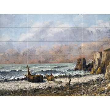 Tile Mural TWO BOATS ON THE BEACH Kitchen Backsplash Four Inch Marble