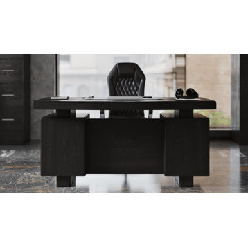 62” Modern Monroe Black Oak Wood Desk Black Faux Leather Writing Pad Storage