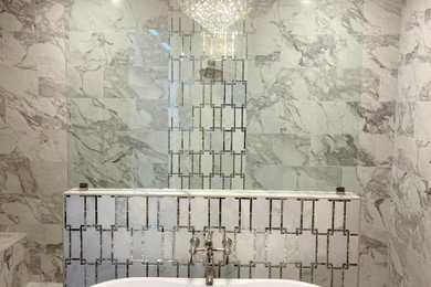 Mid-sized transitional master white tile and porcelain tile porcelain tile, white floor and double-sink bathroom photo in Houston with dark wood cabinets, a two-piece toilet, gray walls, an undermount sink, quartz countertops, white countertops and a built-in vanity
