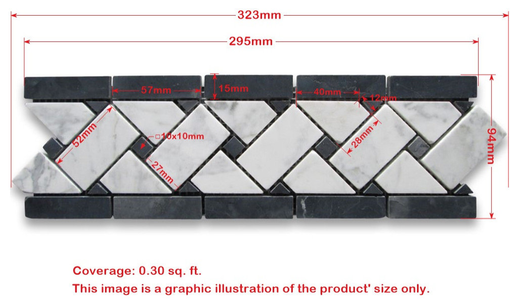 Carrara Marble Basketweave Listello Border Black Dots Polished 4x12, 1 sheet