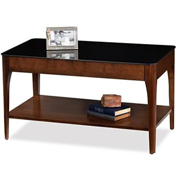 Modern Coffee Table, Contoured Legs With Lower Shelf & Black Tempered Glass Top