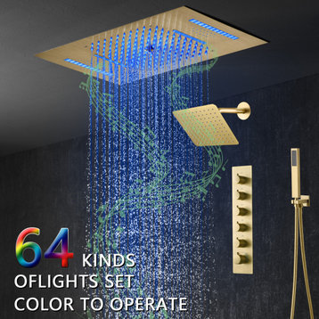 Dual Heads LED Music Thermostatic Shower System with Hand Shower, Brushed Gold, 23 in. X 15 in.