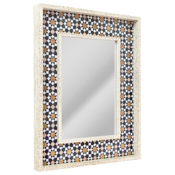Geometric Tiled Print Distressed White Raised Lip Double Framed Accent Mirror