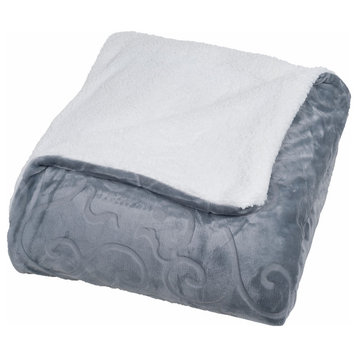 Floral Etched Fleece Blanket with Sherpa Backing, King, Gray