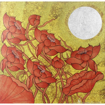 Novica Earthy Blossom Ii Thai Red Lotus Painting With Gold and Silver Foil