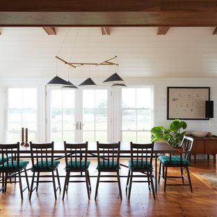 Maritimes Esszimmer mit weißer Wandfarbe, braunem Holzboden und Hängekamin in Sonstige