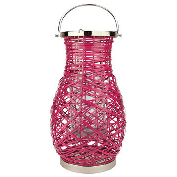 16.25" Modern Fuschia Pink Woven Iron Pillar Candle Lantern with Glass Hurricane