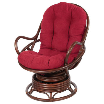 Tropical Swivel Rocker Chair, Brown Rattan Frame With Button Tufted Seat, Red