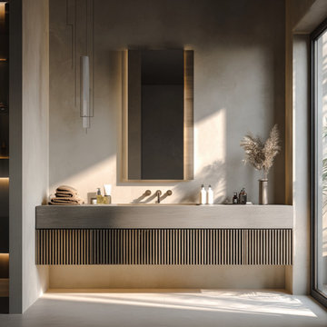 Fluted Gray Oak Floating Vanity – Contemporary Wall Hung Bathroom Cabinet