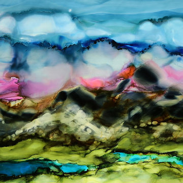 Cloudland - Blue, Green and Pink Abstract Painting, Mountainside Landscape