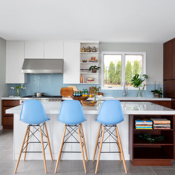Modern Kitchen with Blue Backsplash & Custom Cabinetry - Long Island, NY