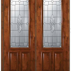 Prehung Double Door 96 Wood Alder Versailles 2 Panel 2/3 Lite Glass - Front Doors