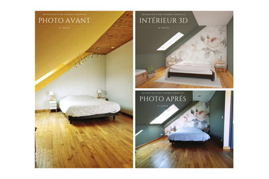 Imagen de dormitorio principal exótico grande con paredes verdes, suelo laminado y madera