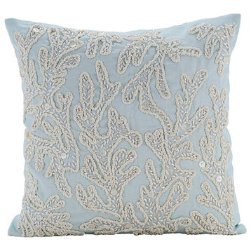 Blue Cotton Linen 18x18 Jute And Pearls Corals Pillows Cover, Pearly Sea Tangle
