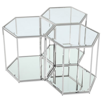 Sei Glass Top End Table with Mirrored Base, Chrome, 3 Piece