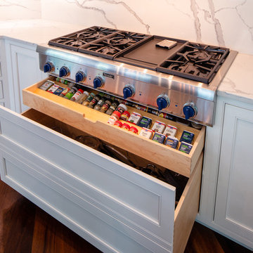 White Beaded Inset Cabinets with Double Navy Island