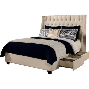 Cambridge Fabric Upholstered "Steel-Core" Platform Queen Bed/2-Drawers Ivory