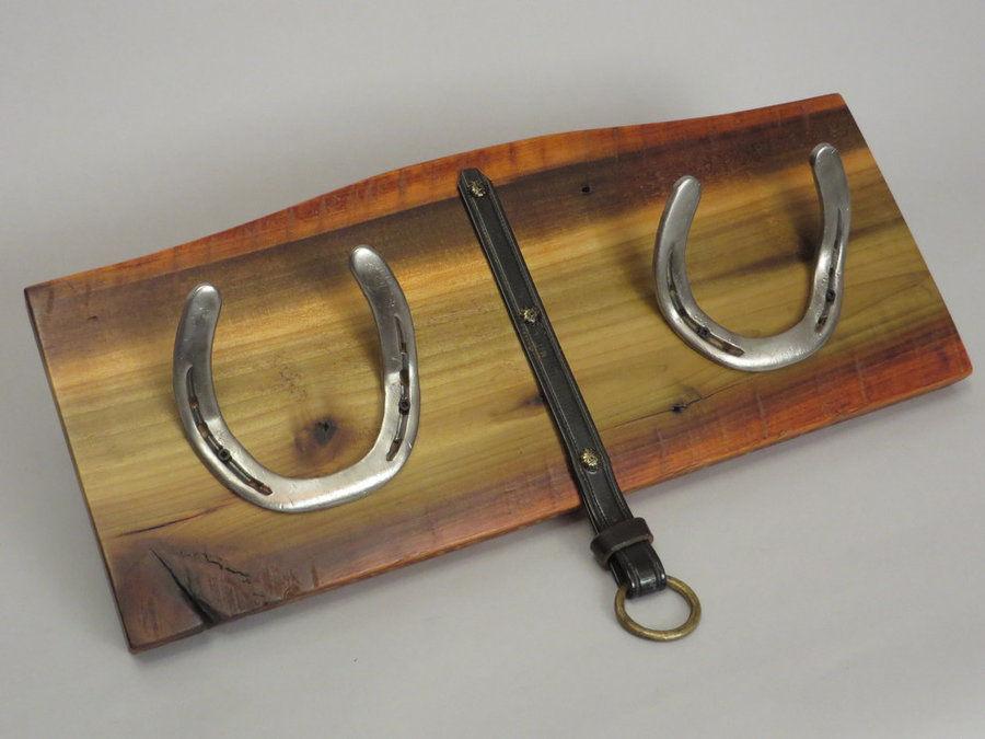 #R15063 Coat Rack Reclaimed Poplar Heartwood, horseshoes, leather.