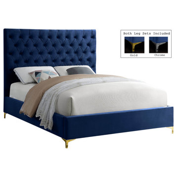 Cruz Velvet Upholstered Bed, Navy, Full