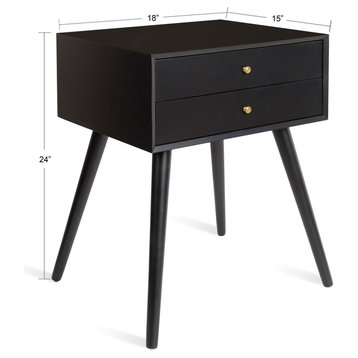Finco Two Drawer Wood Nighstand Side Table, Black