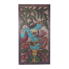 Mogulinterior - Consigned Vintage Barn Door Panel Krishna Fluting under Kadambari Wish Tree - Wall Accents