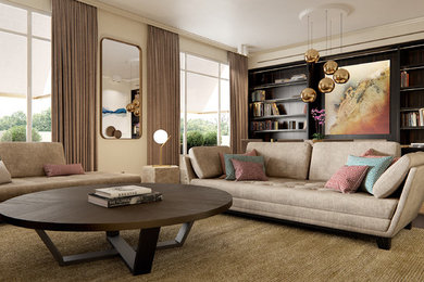 Cette image montre un grand salon design fermé avec une bibliothèque ou un coin lecture, parquet foncé, aucun téléviseur, un sol marron, un mur beige et aucune cheminée.