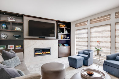 Inspiration for a mid-sized transitional open concept family room in Dallas with white walls, porcelain floors, a stone fireplace surround, a built-in media wall, beige floor and a ribbon fireplace.