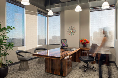 Large trendy carpeted study room photo in New York with gray walls
