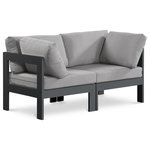Meridian Furniture - Nizuc Water Resistant Patio Modular Straight Sofa, Gray, 2-Piece: 2 Corner Chair, Dark Gray Aluminum Frame - Pick and choose your favorites from the Nizuc collection to create a modular seating group the whole gang will enjoy. The sturdy aluminum frame provides dependable support for friends and family as they relax and unwind, and the resilient grey water resistant fabric stands up to the elements without losing its beautiful demeanor, so you can count on it lasting for the long haul. Latches beneath these seating pieces help you easily attach them to one another for convenient setup.