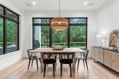 Great room - mid-sized scandinavian vinyl floor great room idea in Dallas with white walls