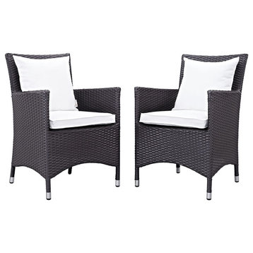 Set of 2 Patio Dining Chair, Brown Rattan Frame and Comfortable Cushion, White