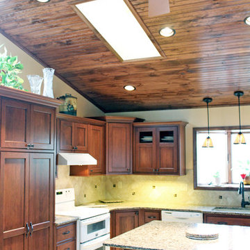 Transitional Kitchen with Wood Ceiling & Desk Area