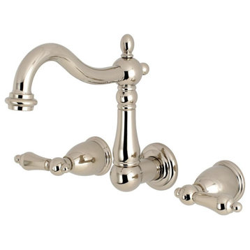 Wall Mounted Bathroom Faucet, Elegant Spout & 2 Lever Handles, Polished Nickel
