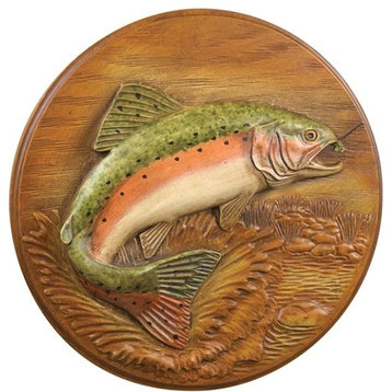 Wall Plaque Art MOUNTAIN Lodge Jumping Rainbow Trout Fish Multi-Color