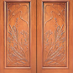 Prehung Double Door, Hand Carved 1-Panel in Mahogany - Front Doors