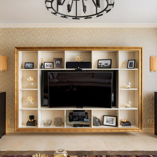 Inspiration for a medium sized classic home cinema in Yekaterinburg with beige walls, porcelain flooring, a wall mounted tv and beige floors.