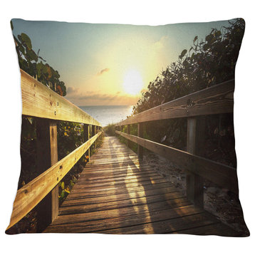 Wood Boardwalk into the Sunset Sea Bridge Throw Pillow, 18"x18"