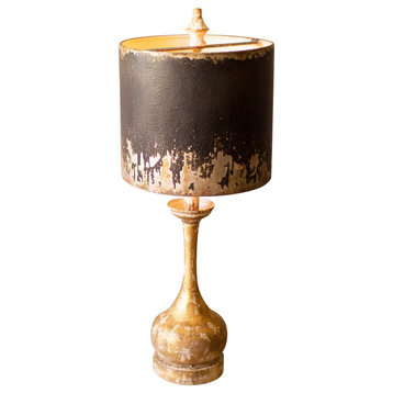 Table Lamp, Round Wooden Base W Black & Gold Metal Shade