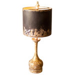 Kalalou - Table Lamp, Round Wooden Base W Black & Gold Metal Shade - This rustic lighting fixture will create the perfect warming ambiance in your home.  The round wooden base enhances the softness of this piece, while the black and gold metal shade shows off the lamps rustic feel. Pair this table lamp with one of our Edison bulbs to create a glowing hue and impress anyone near.