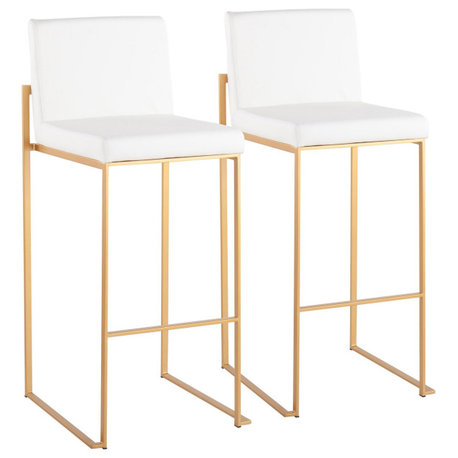 Fuji High Back Barstool, Set of 2, Gold Steel, White PU