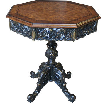 Lamp Table French Octagonal Burl Inlaid Walnut Pierced Carved Black