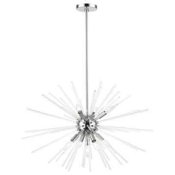9 Light 32" Chandelier, Polished Chrome With Clear Glass Rods