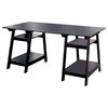 Casual Double Pedestal Wooden Writing Desk with Open Shelves, Black