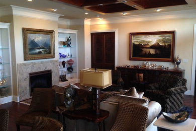 Example of a large classic formal and open concept medium tone wood floor living room design in Dallas with yellow walls and a tile fireplace