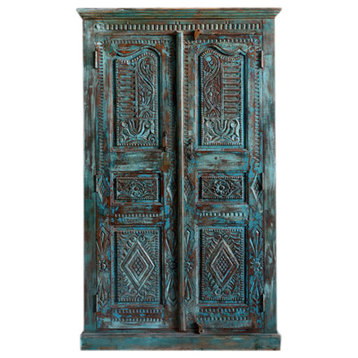 Consigned Antique Rustic Carved Armoire, Blue Tall Indian Cabinet