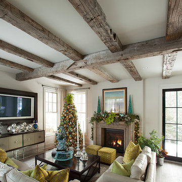 Hand Hewn Coffered Cross Beam Ceiling Timbers in a Transitional Living Room