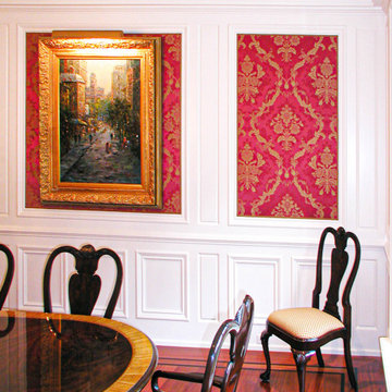 Custom Maple Floor to Ceiling Wainscot with Red Silk Panels
