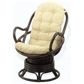 Java Swivel Rocking Rattan Wicker Chair w/Cream Cushion w/Ottoman, Dark Brown