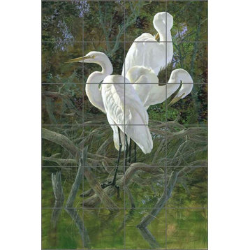 Ceramic Tile Mural Backsplash, Three Egrets by Robert Binks, 24"x36"